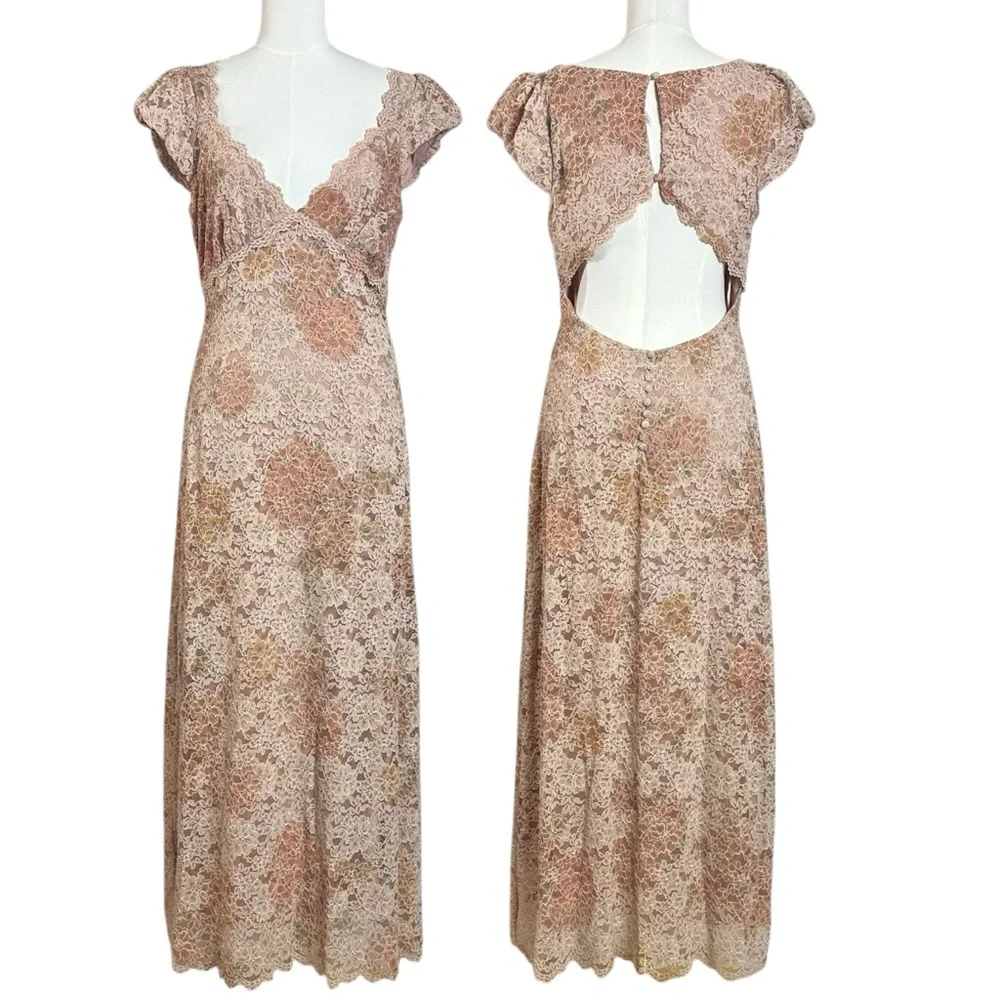 Free People Dainty Ethereal Butterfly Babe Lace Maxi Dress Antique Floral Large - Picture 5 of 15